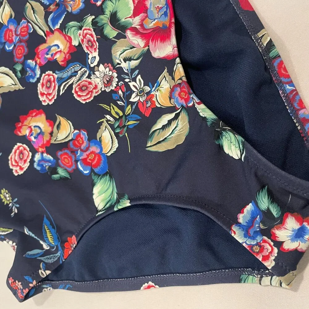 ~ Johnny Was Lg Swimsuit 1-Piece Navy Floral Tank Lace-Back Strappy Large 10/12 - Picture 6 of 16